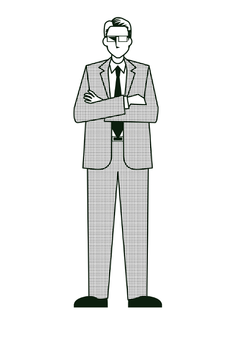 Illustration of a simple line drawing of a male businessman folding his arms, 8th magnitude, white background, black and white, cartoon comic strip.