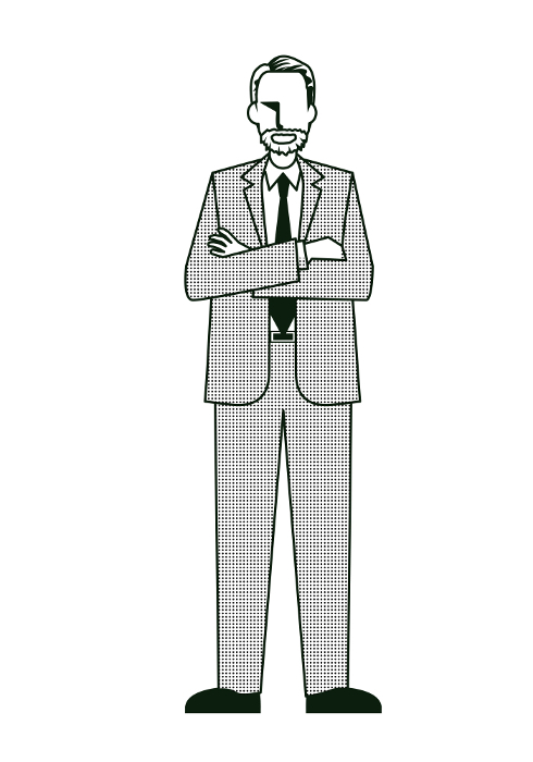Illustration of a simple line drawing of a male businessman folding his arms, 8th magnitude, white background, black and white, cartoon comic strip.