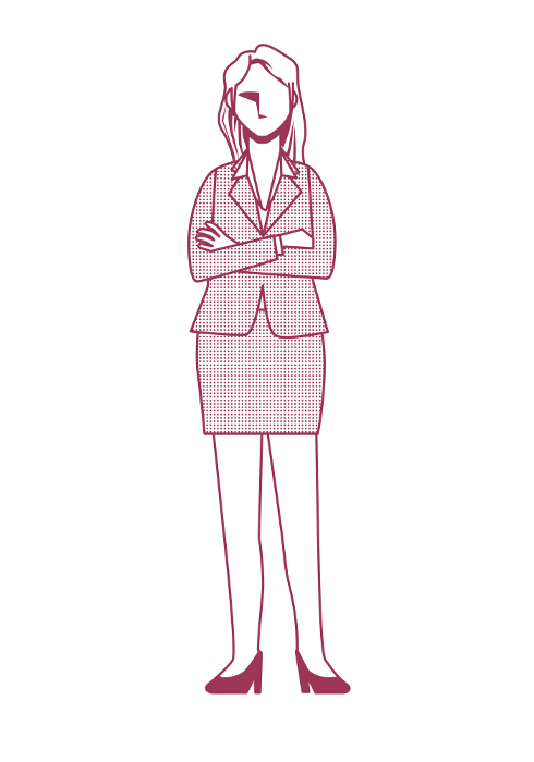 Illustration of a simple line drawing of a female businessperson with folded arms, 8th magnitude, white background, black and white, cartoon comic strip.