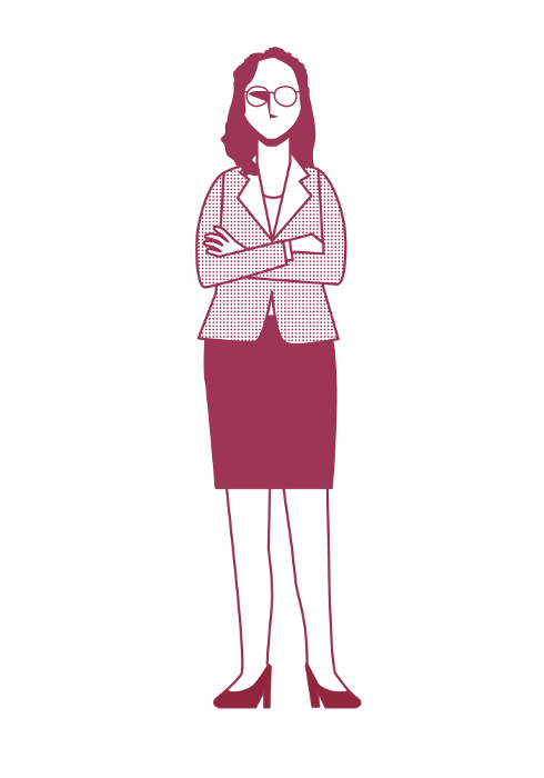 Illustration of a simple line drawing of a female businessperson with folded arms, 8th magnitude, white background, black and white, cartoon comic strip.