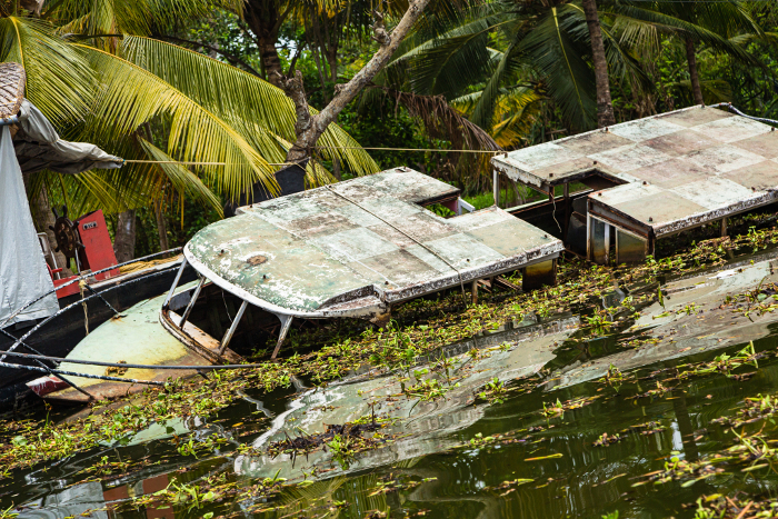 Sunken ship seen from cruising on Vembanad Lake in Alappuzha, Kerala, India