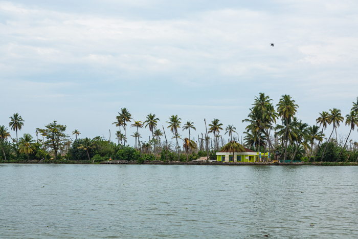 Backwater cruising scenery at Vembanad Lake in Alappuzha, Kerala, India
