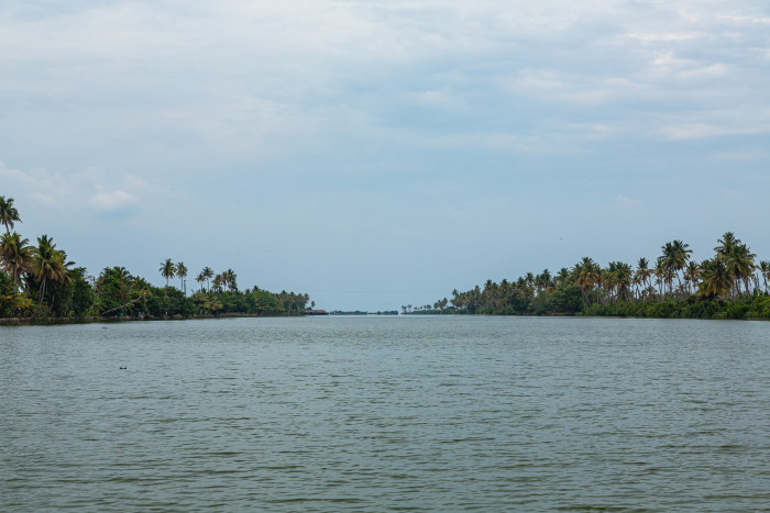 Backwater cruising scenery at Vembanad Lake in Alappuzha, Kerala, India