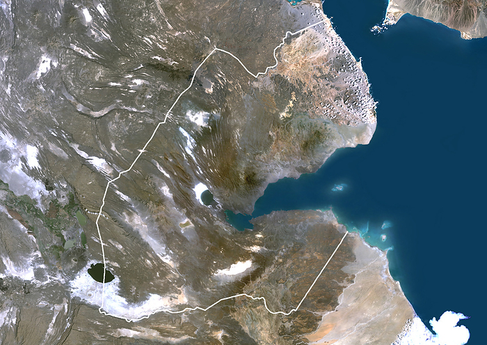 Djibouti Satellite view of Djibouti  with border . This image was compiled from data acquired by LANDSAT 5   7 satellites.