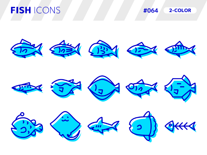 Icon set of two-color style icons related to fish_064
