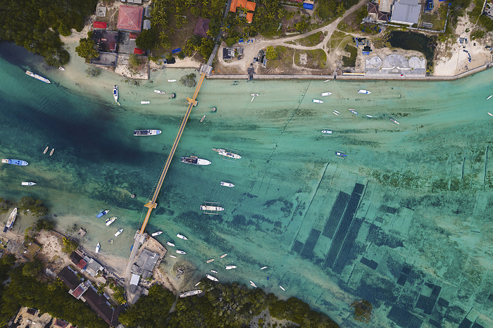 Aerial of boats on the waterway passing under the iconic Yellow Bridge connecting Nusa Lembongan and Nusa Ceningan, also showing the underwater patches of seaweed  farming under the shallow, turquoise water; Klungkung Regency, East Bali, Bali, Indonesia, Photo by O'Neil Castro / Design Pics