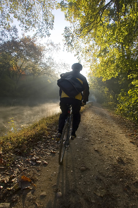 Bicyclist riding to work on the towpath in morning.; Chesapeake and Ohio Canal towpath in Maryland near Washington, District of Columbia., Photo by Skip Brown / Design Pics