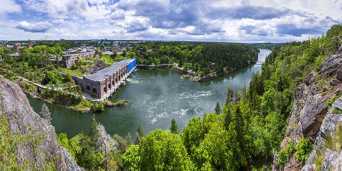 Sweden, Vastra Gotaland County, Trollhattan, Panoramic view of Gota Alv river and Olidan Power Plant