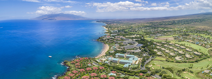 Maui, Hawaii An panorama aerial view above Wailea Point looking north past the Four Seasons and Grand Wailea Hotels to the West Maui Mountains, Maui, Hawaii, USA  Maui, Hawaii, United States of America, Photo by Dave Fleetham   Design Pics