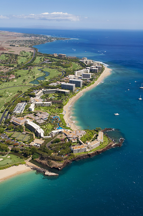 Kaanapali Maui Hawaii Aerial view of Sheraton Maui Resort   Spa and other hotels on Kaanapali Beach, and view of the famous black rock known for it s great snorkelling  Maui, Hawaii, United States of America, Photo by Ron Dahlquist   Design Pics