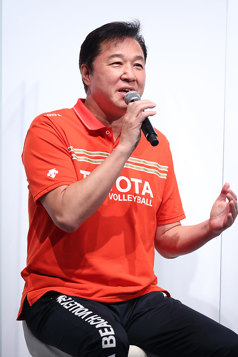 Toyota announces to build a basketball arena  Tokyo A Arena  August 29, 2022, Tokyo, Japan   Japan Volleyball Association president Shunichi Kawai speaks at a talk shows as Japan s automobile giant Toyota announces to promote the new arena   Tokyo A Arena  for Alvark s home arena in Tokyo on Monday, August 29, 2022. Toyota will start to build the arena from next year and will be completed in 2025.     Photo by Yoshio Tsunoda AFLO 