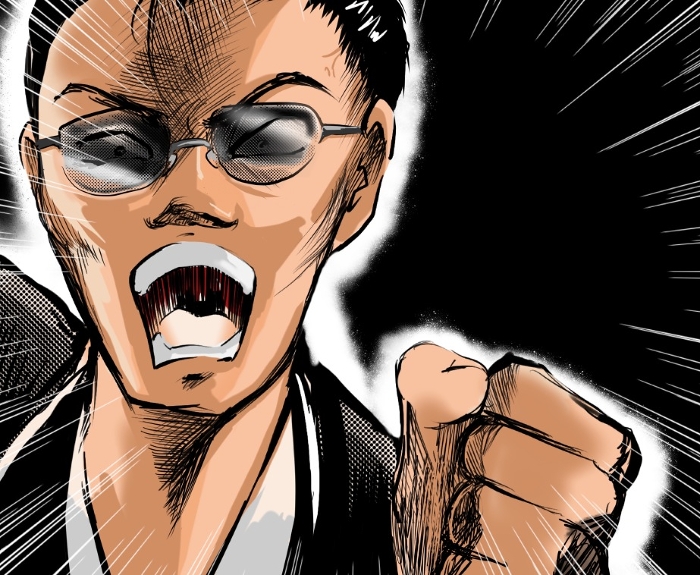 Color illustration of a strong-faced yankee and yakuza blackmailing and threatening in the style of shonen manga