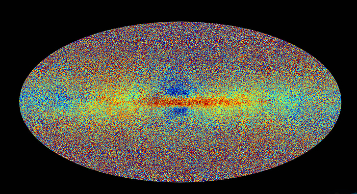 Chemical map of the Milky Way Gaia all sky chemical map of the Milky Way. The colours in the map indicates stellar metallicity: mean abundance of all chemical elements except helium or hydrogen. Red colour shows stars that are richer in metals. Older stars with fewer metals have lower metallicity and are seen as a blue colour., by EUROPEAN SPACE AGENCY GAIA DPAC SCIENCE PHOTO LIBRARY