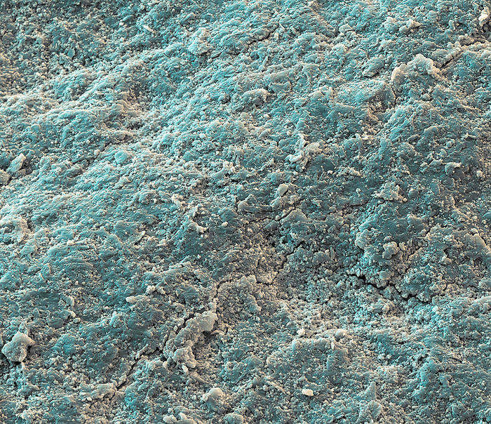 Degraded polystyrene, SEM Coloured scanning electron micrograph  SEM  showing the surface of polystyrene plastic. The sample has been treated with sand and ultraviolet  UV  light to simulate environmental exposure. The surface at right clearly shows degradation. The particles released from it are mostly smaller than 1 micrometre. These microplastics will persist in the environment as pollutants. Magnification: x4000 when printed at 15 centimetres wide., by EYE OF SCIENCE SCIENCE PHOTO LIBRARY