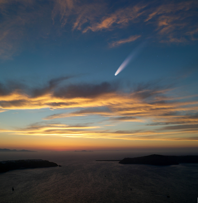 Comet at sunset, composite image Composite image of a comet in the sky at sunset., by DETLEV VAN RAVENSWAAY SCIENCE PHOTO LIBRARY