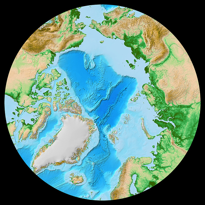 North Pole topography, ETOPO1 model North Pole topography, ETOPO1 model. Colours on land indicate vegetation  green , dry areas  brown , high mountains  dark brown , and snow and ice  white . On the ocean floors, prominent features include deep waters  dark blue  and continental shelves  light blue . Global, regional and coastal datasets  including GLOBE, Measured and Estimated Seafloor Bathymetry, and SRTM  were used. ETOPO1  2009  was produced by the National Geophysical Data Center of the National Oceanic and Atmospheric Administration  NOAA .  , by NOAA SCIENCE PHOTO LIBRARY