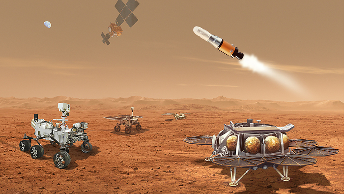 Robots taking samples back to Earth, conceptual illustration Conceptual illustration showing robots taking samples, retrieved by the Perseverance rover  left  from the Martian surface, back to Earth. A NASA provided Sample Retrieval Lander  far right  would carry a NASA rocket  the Mars Ascent Vehicle , and a second lander  seen in the background , would carry ESA s Sample Fetch Rover  centre . The fetch rover would gather the collected samples left on the surface by Perseverance and transport them to the Sample Retrieval Lander, where they would then be transferred onto the Mars Ascent Vehicle., by NASA ESA JPL Caltech SCIENCE PHOTO LIBRARY