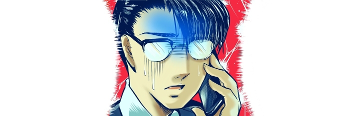 Color cartoon illustration of a handsome spectacled black-haired office worker impatient with a threatening phone call and lightning current background.
