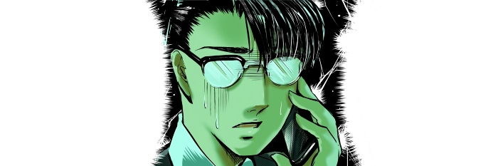 Color cartoon illustration of a handsome spectacled black-haired office worker impatient with a threatening phone call and lightning current background.