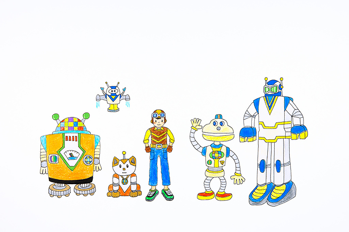 A boy and five robots
