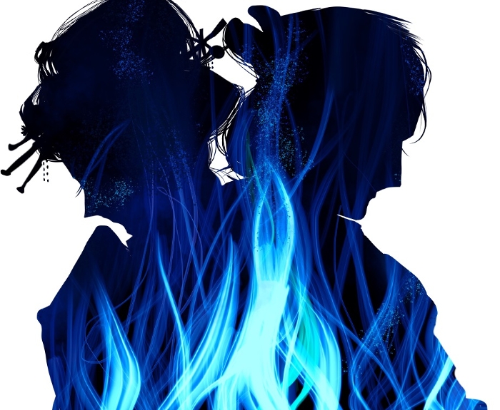 Monochrome shadowgraph-style silhouette illustration of tragic lovers in the Edo period with the flame of wayward love.
