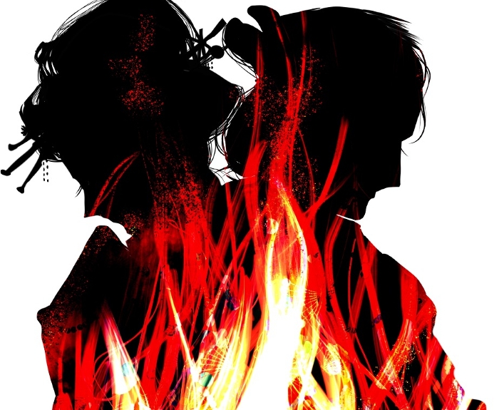 Monochrome shadowgraph-style silhouette illustration of tragic love lovers in the Edo period with the flame of wayward love.