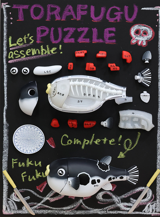 A two day toy exhibition for Christmas gifts is held in Tokyo September 7, 2022, Tokyo, Japan   Japanese toy maker MegaHouse displays  Kaitai Fugu  blowfish  Puzzle  which has various body parts with its name at a two day toy exhibition in Tokyo on Wednesday, September 7, 2022. Some 50 toy makers exhibited their latest toys for the Christmas gifts.     Photo by Yoshio Tsunoda AFLO  