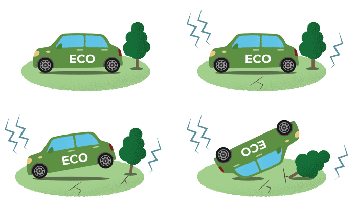Vector illustration set of green eco-car damaged by earthquake