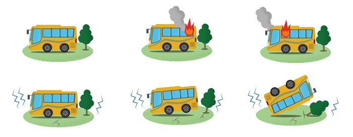 Vector illustration set of a yellow tourist bus damaged by fire and earthquake