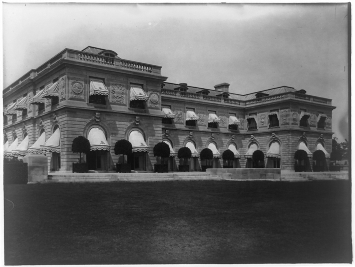 Hamilton Rice home, Newport, Rhode Island, exterior view, between 1917 and 1927. Creator: Frances Benjamin Johnston. Hamilton Rice home, Newport, Rhode Island, exterior view, between 1917 and 1927. The Miramar neoclassical mansion was designed by Horace Trumbauer for heiress and philanthropist Eleanor Elkins Widener and her husband George Widener. After George died aboard the RMS Titanic in 1912 Eleanor married again, and Miramar was used as a summer residence by her and her second husband, geographer and explorer Alexander H. Rice Jr.