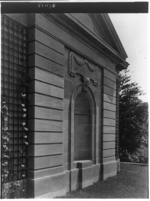 Hamilton Rice Home in Newport, Rhode Island, exterior detail, between 1917 and 1927. Creator: Frances Benjamin Johnston. Hamilton Rice Home in Newport, Rhode Island, exterior detail, between 1917 and 1927. The Miramar neoclassical mansion was designed by Horace Trumbauer for heiress and philanthropist Eleanor Elkins Widener and her husband George Widener. After George died aboard the RMS Titanic in 1912 Eleanor married again, and Miramar was used as a summer residence by her and her second husband, geographer and explorer Alexander H. Rice Jr.