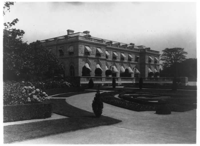 Hamilton Rice Home in Newport, Rhode Island, exterior, with view of formal..., between 1917 and 1927 Creator: Frances Benjamin Johnston. Hamilton Rice Home in Newport, Rhode Island, exterior, with view of formal garden, between 1917 and 1927. The Miramar neoclassical mansion was designed by Horace Trumbauer for heiress and philanthropist Eleanor Elkins Widener and her husband George Widener. After George died aboard the RMS Titanic in 1912 Eleanor married again, and Miramar was used as a summer residence by her and her second husband, geographer and explorer Alexander H. Rice Jr. The gardens were created by Jacques Gr  xe9 ber.