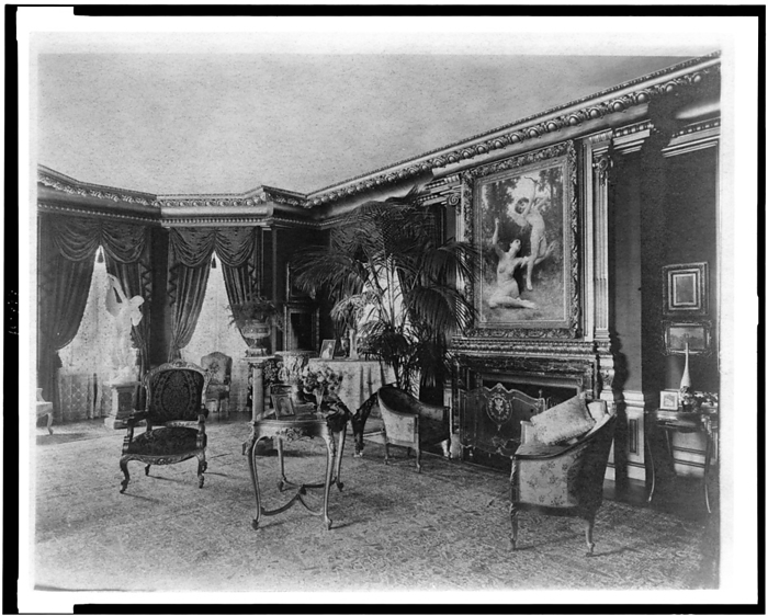 Interior with Bouguereau s  quot Flight of Love quot  over fireplace..., Greenwich, Connecticut, 1908. Creator: Frances Benjamin Johnston. Interior with Bouguereau s  quot Flight of Love quot  painting over fireplace, French provincial furniture, and heavily draped windows at left, in home of Edmund Cogswell Converse, Greenwich, Connecticut, 1908. The Conyers Farm estate, designed by Donn Barber c1904, was owned by businessman Edmund C. Converse.