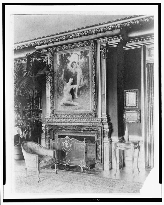 Interior with Bouguereau s  quot Flight of Love quot  painting over fireplace..., Greenwich, Connecticut, 1908 Creator: Frances Benjamin Johnston. Interior with Bouguereau s  quot Flight of Love quot  painting over fireplace, in home of Edmund Cogswell Converse, Greenwich, Connecticut, 1908. The Conyers Farm estate, designed by Donn Barber c1904, was owned by businessman Edmund C. Converse.