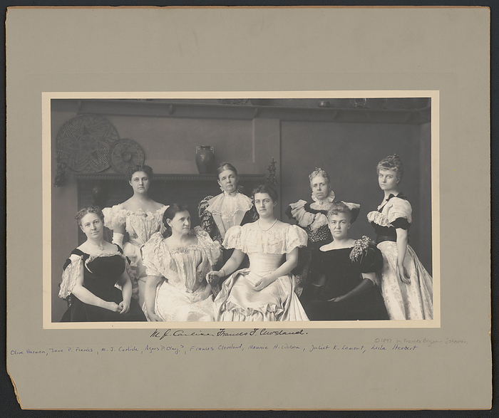 Group portrait of Mrs. Frances  Folsom  Cleveland and the ladies of the Cabinet..., c1897. Creator: Frances Benjamin Johnston. Group portrait of Mrs. Frances  Folsom  Cleveland and the ladies of the Cabinet: Olive Harmon, Jane P. Francis, M.J. Carlisle, Agnes P. Olney, Nannie H. Wilson, Juliet K. Lamont, and Leila Herbert, c1897.  Frances Cleveland, wife of President Grover Cleveland, became First Lady at 21. She is the youngest wife of a sitting president .