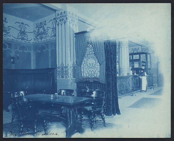 Willard Hotel, view of the pub   , between1901 and 1910. Creator: Frances Benjamin Johnston. Willard Hotel, view of the pub   , between1901 and 1910. Photograph shows a booth, table and chairs, and in background a bar, bartender and waiter.