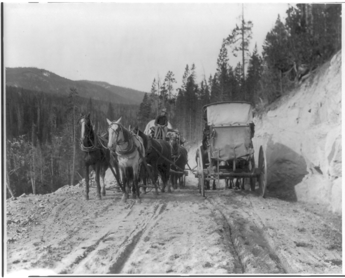 Two stagecoaches passing on mountain road, Yellowstone National Park, Wyoming, 1903. Creator: Frances Benjamin Johnston. Wyo.   Yellowstone National Park: two stagecoaches passing on mt. road, 1903.