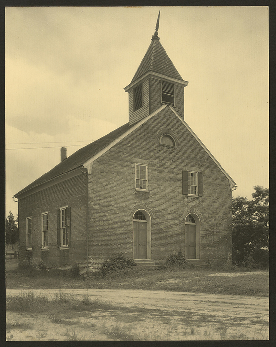 Union Church on hill, Falmouth, between 1925 and 1929. Creator: Frances Benjamin Johnston. Union Church on hill, Falmouth, between 1925 and 1929. Photograph shows an exterior view of the Union Church, a brick building, with front entrances and cupola, Falmouth, Virginia.