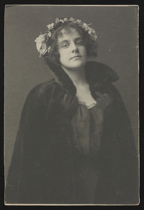 Miss Ethel Reed,  1896  . Creator: Frances Benjamin Johnston. Miss Ethel Reed,  1896  . Photograph shows poster artist Ethel Reed, half length portrait, facing slightly right, wearing an overcoat or cape, with gloves, and a hat with floral arrangement.