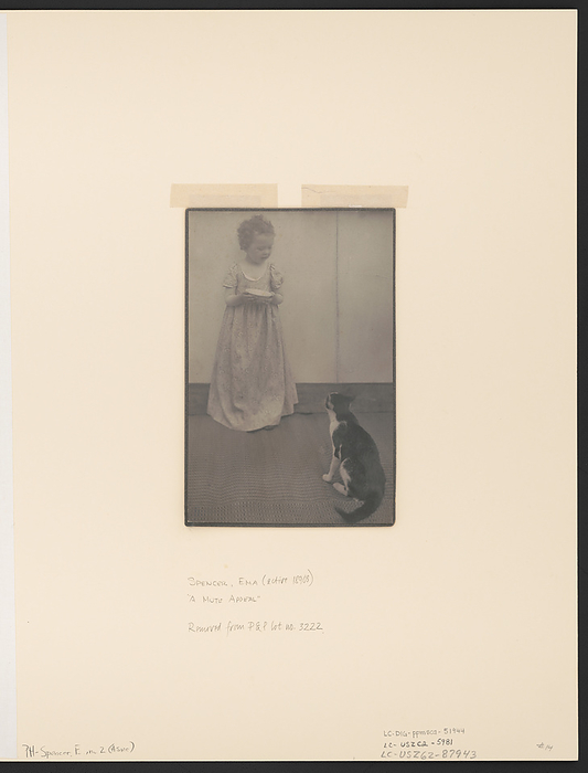 A mute appeal, c1900. Creator: Ema Spencer. A mute appeal, c1900. Photograph shows a little girl in a long dress holding a shallow bowl and looking at a cat sitting before her.
