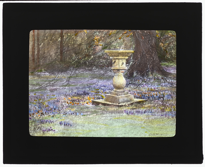 Reproduction of illustration:  quot Whitehouse, Midlothian, quot  Scotland, showing sundial..., c1915   1925. Creator: Frances Benjamin Johnston. Reproduction of illustration:  quot Whitehouse, Midlothian, quot  Scotland, showing sundial in a garden with crocuses, between 1915 and 1925. Photograph of illustration of a watercolor by Mary G. W. Wilson, published in the book by Sir Herbert Maxwell, Scottish Gardens: Being a Representative Selection of Different Types, Old and New, London and New York: 1908, p. 34.