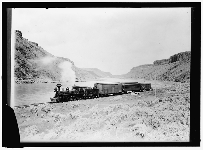 Train, between 1913 and 1917. Creator: Harris  amp  Ewing. Train, between 1913 and 1917. Boise and Arrow Rock Railroad steam locomotive with tender, freight wagon and passenger carriage, probably Boise River, Idaho, USA. Work began on the Arrowrock Dam on the Boise River in 1912.
