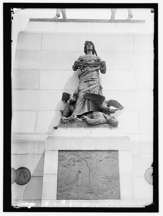 General William Tecumseh Sherman Monument, Washington, D.C., between 1913 and 1917. Creator: Harris  amp  Ewing. General William Tecumseh Sherman Monument, Washington, D.C., between 1913 and 1917.  Detail of the base of an equestrian statue of American Civil War Major General William Tecumseh Sherman.   quot War quot , on the west side, is a horrible fury, seething with rage and hatred, who tramples humanity in the form of a dead young soldier at her feet. Large bronze vultures perch on the body about to feast on its flesh, graphically driving home Sherman s famous observation that  quot war is hell quot .  .