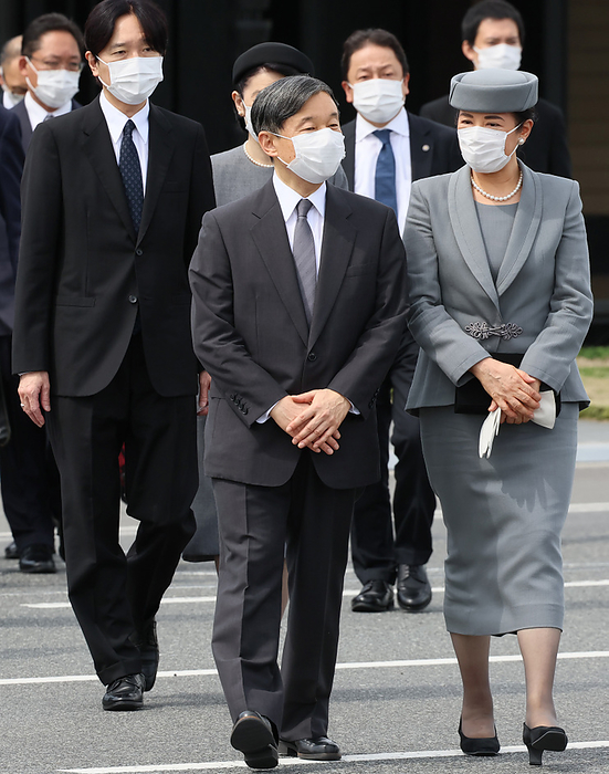 Japanese Emperor naruhito and Empress Masako leave to London for the state funeral of Brtish Queen Elizabeth II September 17, 2022, Tokyo, Japan   Japanese Emperor Naruhito  C  and Empress Masako  R  walk to the government plane as they leave to London to attend the state funeral of British Queen Elizabeth II at the Tokyo International Airport in Tokyo on Saturday, September 17, 2022, while Crown Prince Akishino  L  follows them.    Photo by Yoshio Tsunoda AFLO 