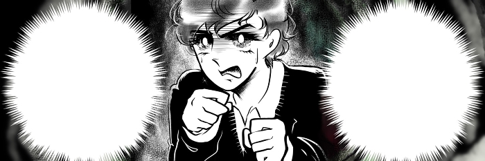 70's shoujo mangaBlack and white illustration of a beautiful boy with black hair and a natural perm glaring angrily at betrayalWide size