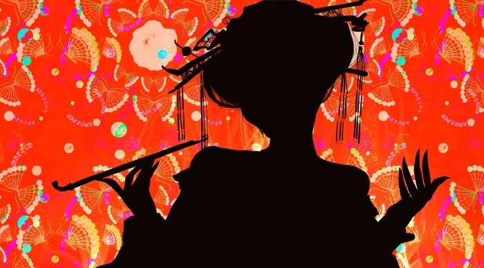 Silhouette paper cutout illustration of a melting fire and Yoshiwara brothel oiran (courtesans) and Japanese folding screen background