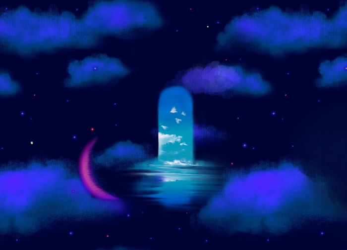 Silhouette illustration of a door with blue night sky and moon reflecting on the surface of the sea and blue sky.