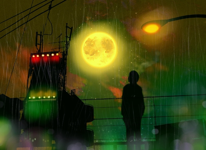 Landscape painting of neon shining crowded buildings and rain blowing under a suspiciously shining full moon.