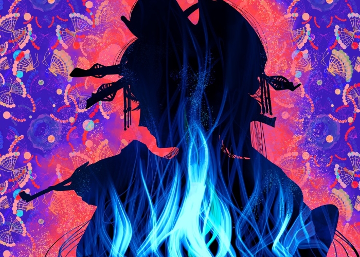 Black-and-white illustration of a silhouette of an angry Yoshiwara oiran and a burning flame in human cutout style.