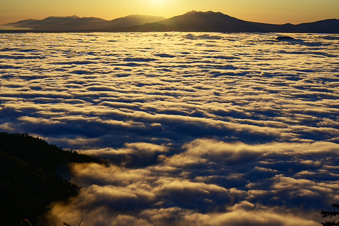 Morning sea of clouds and Shiretoko mountain range from Tsubetsu Pass, Hokkaido